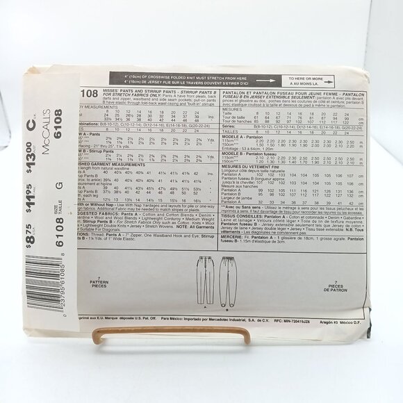 UNCUT McCalls 6108 Easy Back to Basics Vintage Sewing Pattern Pants & Stirrup - Picture 2 of 2
